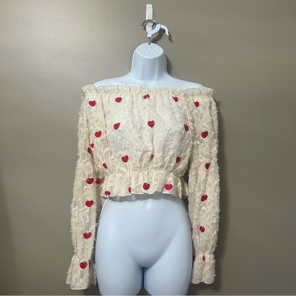 Tops - off the shoulder long sleeve blouse with heart pattern